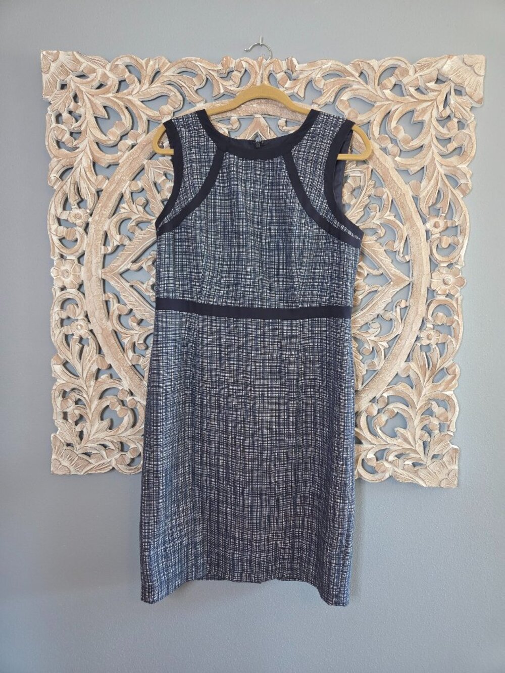 Talbots Navy Blue Tweed Cotton Linen Sleeveless Sheath Dress 12